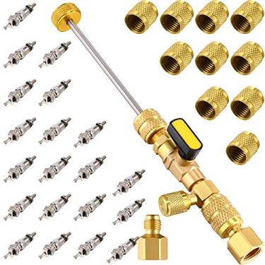 Imagem de Removedor de núcleo de válvula R22 R134A R12 A/C com porta SAE 1/4 e 5/16 de tamanho duplo, adaptador de latão R410 R32, 20 núcleos de válvula e 10 unidades de porca de latão HVAC Kit de ferramenta de remoção de núcleo de válvula