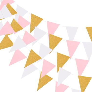 Imagem de Bandeira triangular estilo banner MerryNine, pacote com 3 pendentes estilo vintage para casamento, chá de bebê, suprimentos para eventos e festas 45 bandeiras (bandeira triangular – ouro branco rosa com purpurina)