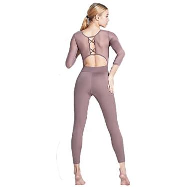 Imagem de Yajun Macacões de ioga de malha femininos macacões de manga comprida com almofadas de secagem rápida elástico anti celulite macacões esportivos, marrom, M (55 kg)