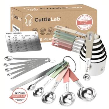 Imagem de Conjunto de 22 peças de medição de xícaras e colheres CuttleLab Aço inoxidável, 1/4, 1/12, 1/16, 1/32 e 1/64 colher de chá, espátula niveladora, tabela de conversão com ímã, pastéis (country chic)