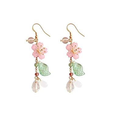 Imagem de COLORFUL BLING Brincos de gota de flor rosa clássica elegante floral folha verde brincos para meninas mulheres, metal, sem tipo de pedra, Metal, tipo sem pedra