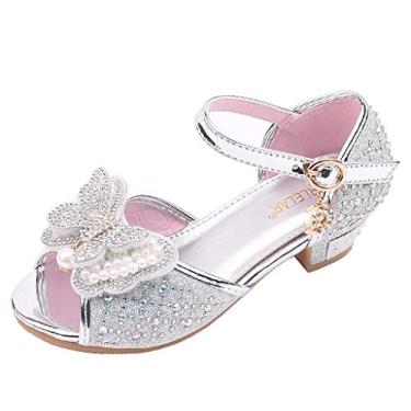 Imagem de Sandálias infantis para meninas pérola nó borboleta cristal sapatos de princesa simples sandálias iluminadas para meninas (prata, 9 anos)