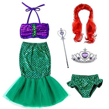 Imagem de Vestido de princesa de sereia para meninas meninas com tiara (18 meses a 12 anos), Verde-roxo, 7-8 anos
