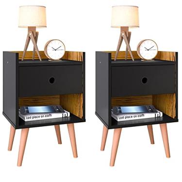 Imagem de Mesa de Cabeceira Retrô com 1 Gaveta Quarto Lateral de Cama Decore/Gaveteiro Escritório (Preto/Nature)