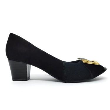 Imagem de Sapato Comfort Peep Toe Salto Camurça Com Fivela Preto Usaflex