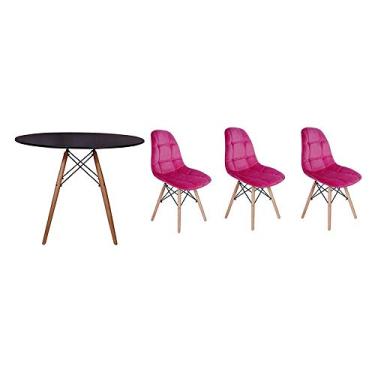 Imagem de Kit Mesa Jantar Eiffel 80cm Preta + 03 Cadeiras Botonê Veludo - Rosa