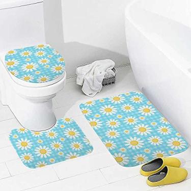 Imagem de Conjunto de tapetes de banheiro e 3 peças de camomilas azul xadrez, tapete de banheiro lavável antiderrapante, tapete de contorno e tampa para banheiro