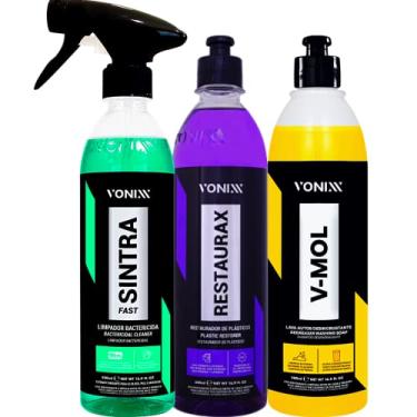 Imagem de Kit Limpeza Automotiva Detergente V-Mol 500ml + Limpador Multiação Sintra Fast + Revitalizador Restaurax Vonixx