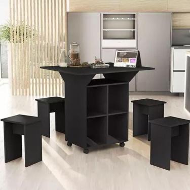 Imagem de Mesa De Cozinha Dobrável 90cm Annie C/ Bancos e Rodizio 100% Mdf -Preto