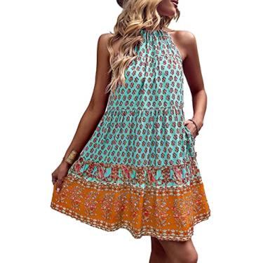 Imagem de Vestidos Frente única, Respiráveis, Soltos, Suaves para a Pele, Estampa Boho, Vestido Sem Mangas, Macio para Namorar (L)