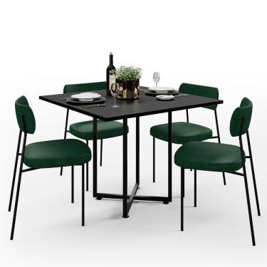 Imagem de Mesa de Jantar Rivera Preto 90cm com 04 Cadeiras Industrial Melina F01 Couríssimo Verde - Lyam