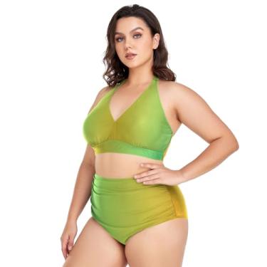 Imagem de CHIFIGNO Biquíni feminino plus size, duas peças, biquíni de cintura alta, roupa de banho modesta, roupa de banho, Gradiente verde amarelo, GG Plus Size