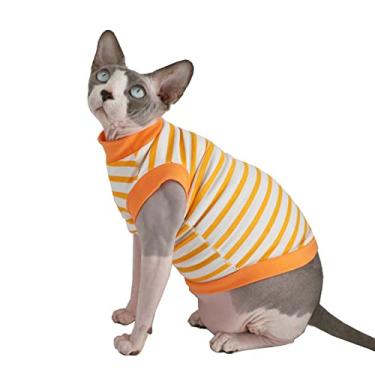 Imagem de Camisetas de algodão para gatos sem pelos Sphynx colete para animais de estimação, colete de gola redonda sem mangas, roupas para gatos e cães pequenos (grande, listras laranjas)