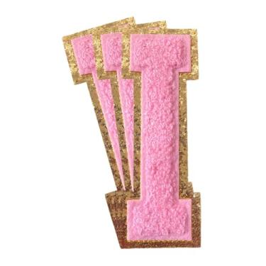 Imagem de 3 peças de remendos de letras de chenille rosa glitter ferro em remendos de letras universitárias remendo bordado de chenille costurar em remendos para roupas chapéu bolsas jaquetas camisa (rosa, I)