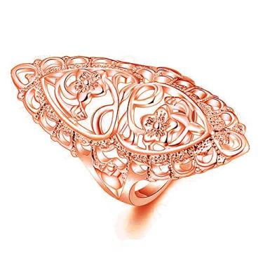 Imagem de QOBEBOTA Anéis de declaração elegantes com flores esculpidas vazadas anel de coquetel estilo britânico anéis de banda larga para mulheres, 10, Ouro rosa, Sem pedra preciosa