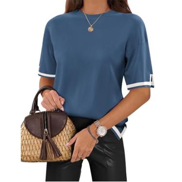 Imagem de Zeagoo Blusa feminina de malha de manga curta, blusa casual básica de verão, Azul marinho, P