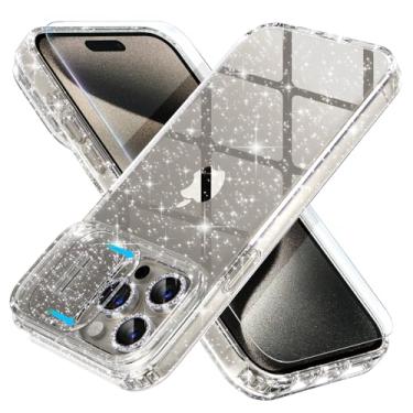 Imagem de Choiche Capa feminina para iPhone 15 Pro, linda capa brilhante com glitter, [capa deslizante para câmera e 3 protetores de lente de câmera diamantes] [2 protetores de tela de vidro temperado] 6,1