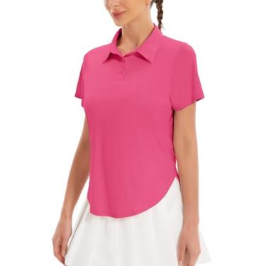 Imagem de addigi Camisa polo feminina de golfe FPS 50+, proteção solar, 3 botões, manga curta, secagem rápida, atlética, tênis, golfe, Rosa escuro, M