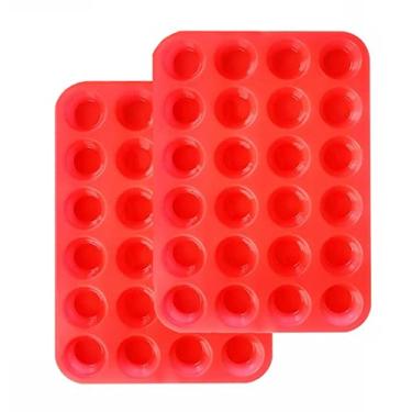 Imagem de Conjunto de mini formas de muffins de silicone, 24 xícaras de cupcake 2 peças, forma de silicone antiaderente, mini muffin, lata livre de BPA e pode ser lavada na lava-louças, ótimo para fazer bolos de muffin, torta, pão (24 xícaras vermelhas, 2 peças)