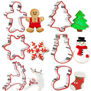 Imagem de Crethinkaty Conjunto de cortadores de biscoito de Natal – 6 peças de cortadores de biscoito de aço inoxidável com borda de silicone macio, homem de biscoito de gengibre, árvore de Natal, rena, floco de neve, boneco de neve e meia de Natal para biscoito
