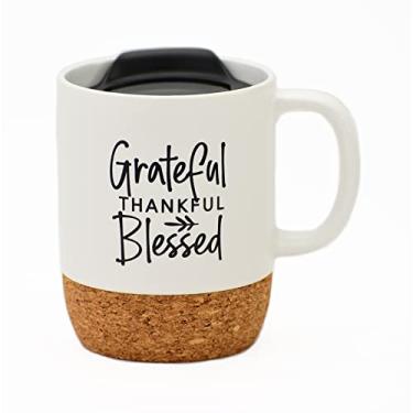 Imagem de Caneca de café de designer de cerâmica | Grateful Thankful Blessed | Comporta 400 ml | Fundo de cortiça com tampa | Ótimo para café, chá, sopas, chocolate quente