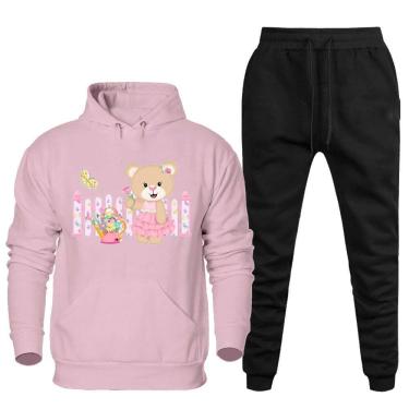 Imagem de Conjunto Abrigo Moletom Canguru Com Capuz Feminino Plus Size Estampa Ursinho Calça Confortavel