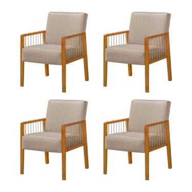 Imagem de Kit 4 Poltronas Decorativa Base em Madeira Maciça e Corda Náutica Copacabana Linho Bege