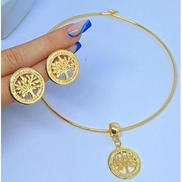 Imagem de Kit Colar e Brincos Choker Elo Aro Rigido Liso Fino com Pingente  Arvo