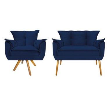 Imagem de Kit Namoradeira e Poltrona Opala Base Giratória de Madeira Suede Azul 