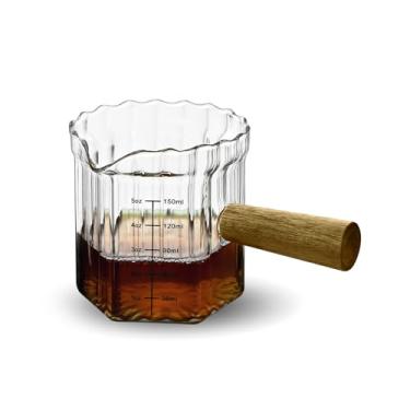 Imagem de Denovin Copo medidor de vidro, copo de café expresso de 142 g com cabo de madeira, bico único de medição de jarro triplo para café e chá (nervuras transparentes)