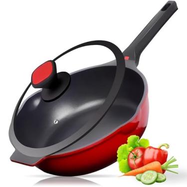 Imagem de GREAGLE Frigideira antiaderente com tampa, frigideira de 30,5 cm/5 QT, frigideira de cozinheira, compatível com indução, alumínio fundido vermelho rubi