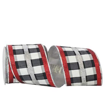 Imagem de Reliant Ribbon Gingham Check Deluxe Dupione Glitter Tri-listras fita com borda com fio, 10 cm x 13 metros, multi