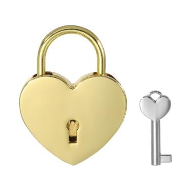 Imagem de PATIKIL Cadeado de coração com fechaduras de amor de 6 cm com conjunto de chaves, cadeado de amor de casal de coração único para amante ponte aniversário diário caixa de cartão, tom dourado
