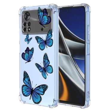 Imagem de KOARWVC Capa para Poco X4 Pro 5G, 2201116PG Capa TPU macia com absorção de choque fina protetora padrão borboleta capa traseira para Xiaomi Poco X4 Pro 5G borboleta azul