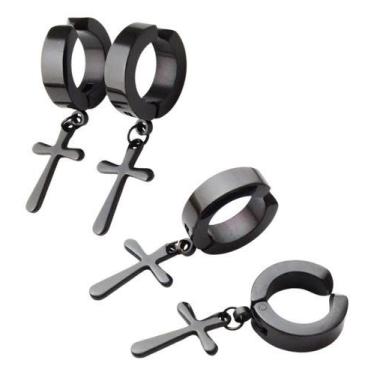 Imagem de Par Brincos Unissex Pressão Argola Aço Inox Preto Cruz Fake - ALRA SEM