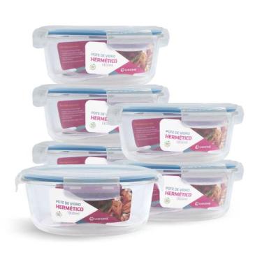 Imagem de Kit 6 Potes Hermético Vidro Redondo Grande Marmita 1300ml - NABOX, Azu