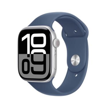 Imagem de Apple Watch Series 10 GPS + Cellular • Caixa prateada de alumínio – 46 mm • Pulseira esportiva denim – M/G