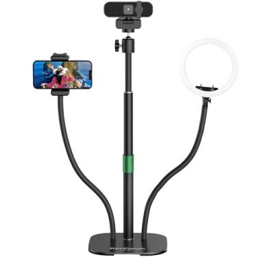 Imagem de AorPixun Suporte de webcam para mesa 3 em 1, suporte flexível para webcam, suporte para câmera de computador, suporte de microfone de mesa com clipe de telefone para série de webcam Logitech, anel de