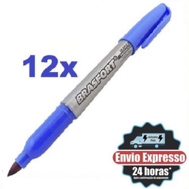 Imagem de Kit 12 Canetas Marcador Permanente Azul Ponta Fina Seca Rapido - BRASF