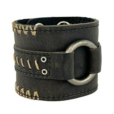 Imagem de Anthology Gear Pulseira de couro de flor integral metal rock punk motociclista pulseira larga ajustável para homens e mulheres, Small / Medium, liga de aço, metal, couro, Sem pedra preciosa