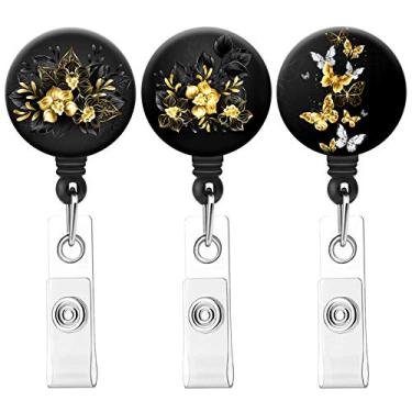 Imagem de Clipe retrátil de carretel de crachá, suporte de crachá com clipe jacaré, clipe de crachá fofo em porta-cartões de identificação para enfermeira médica e consultório (pacote com 3 florais dourados)