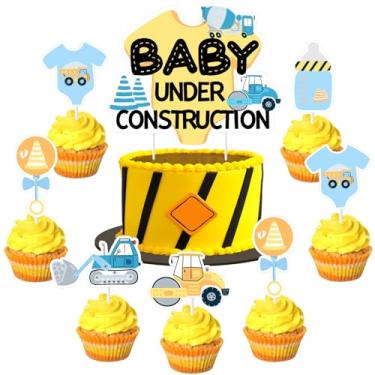 Imagem de Balterever Orange Blue Construction Cupcake Toppers Under Construction Baby Shower Decorations for Boys Dump Truck Baby Shower Decorations for Construction Dump Truck Baby Shower Party Supplies