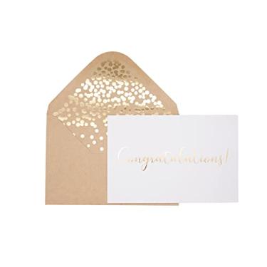 Imagem de Pacote com 50 cartões de felicitações – Cartões de felicitações elegantes com letras douradas em relevo – para noivado, formatura, casamento – 52 envelopes Kraft incluídos – 10 x 15 cm – Branco