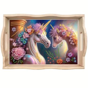 Imagem de ShuoBeiter DIY Diamond Art Tray with Handle Diamond Art Painting Plate Creative Design Handmade Wooden Tray Mosaic Making 7.8x11.8 Inches（S1)