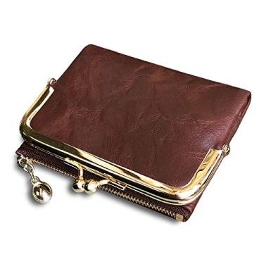 Imagem de Carteira feminina Pofee Rfid pequena compacta de couro com dobra dupla carteira vintage, bolsa feminina com zíper e cadeado para beijos, Marrom, Small