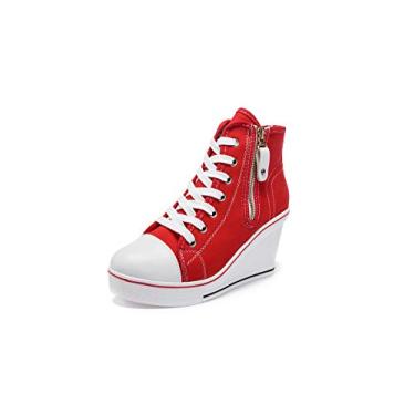 Imagem de Sapatos femininos de lona de salto alto modernos, sapatos casuais para caminhada, plataforma, sapatos de salto alto, Vermelho 04, 38