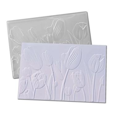 Imagem de DIYology Pastas em relevo de tulipas 3D para fazer cartões, modelo de pasta em relevo de flores de tulipa para artesanato em papel faça você mesmo, scrapbook, decoração de argila de polímero