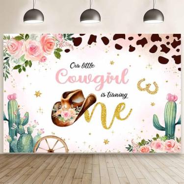 Imagem de MEHOFOND 2,1 x 1,5 m Western Cowgirl 1º aniversário estampa de vaca rosa Our Little Cowgirl Is Turning One fundo de fotografia menina primeiro rodeio festa de aniversário banner chapéu de cowboy cacto