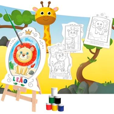 Imagem de Brinquedo Kit de Pintura Infantil com Cavalete e Avental – Diversão Criativa e Segurança para os Pequenos, Tema Colorido para Estimular a Imaginação (Safari 1)
