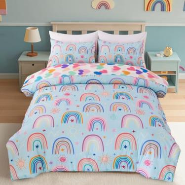 Imagem de Holawakaka Conjunto de edredom completo com arco-íris, boêmio, 5 peças, boêmio, coração, estrela, para meninas e mulheres, microfibra supermacia, para meninas, adolescentes, tamanho casal, azul,